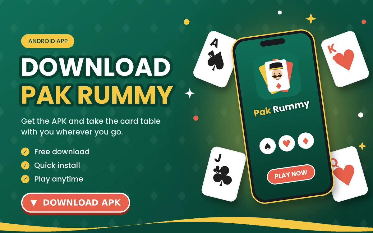 Pak Rummy APK download banner showing the Android rummy app on a phone