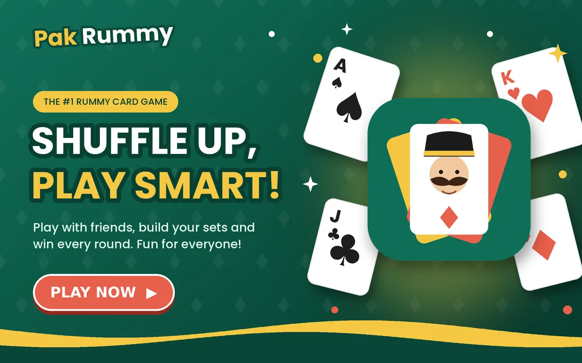 Pak Rummy app banner: shuffle up, play smart with the rummy card game app for Pakistan